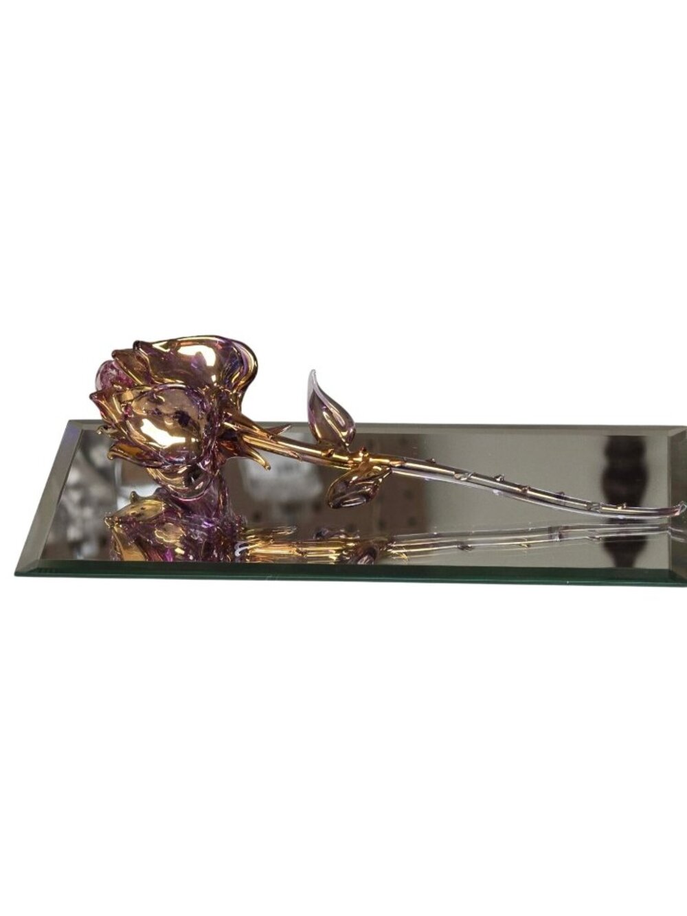 Vintage Hand-Blown Glass Rose Gold Dipped Flower Purple with Mirror Decor - Picture 9 of 10